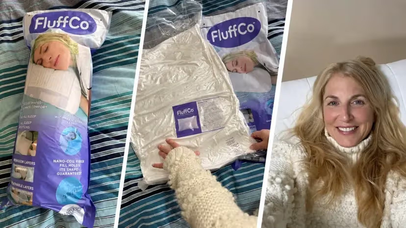FluffCo pillow packaging and unboxing experience showing the adjustable pillow in its bag and the fluffy white fill